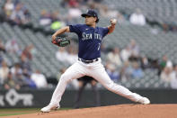 Seattle Mariners starting pitcher Marco Gonzales works against the Detroit Tigers during the first inning of a baseball game, Wednesday, Oct. 5, 2022, in Seattle. (AP Photo/John Froschauer)