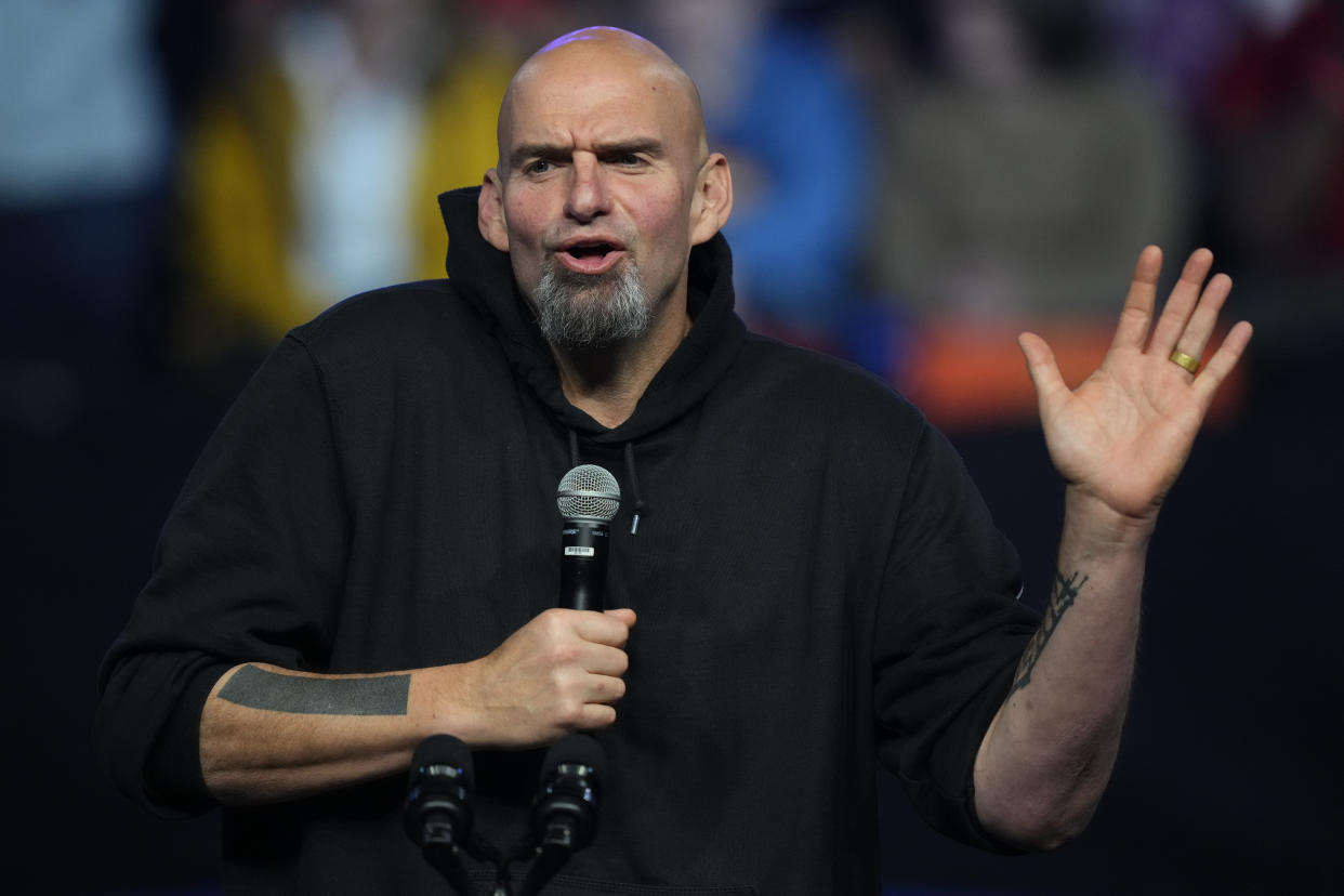 Fetterman addresses a campaign rally on Saturday in Philadelphia. 