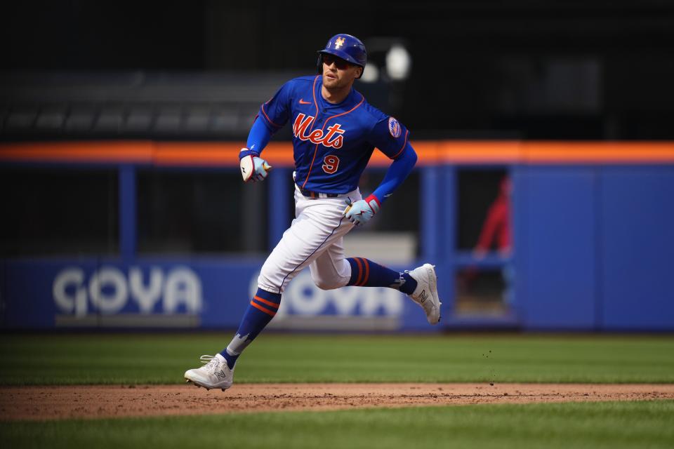 New York Mets' Brandon Nimmo runs the bases after hitting a home run during the first inning of a baseball game against the St. Louis Cardinals, Saturday, June 17, 2023, in New York. (AP Photo/Frank Franklin II)