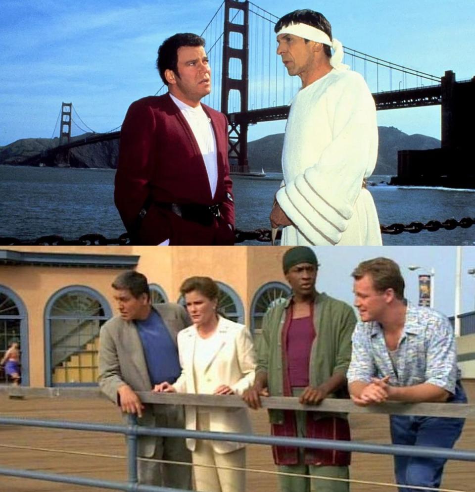 Kirk and Spock in Star Trek IV: The Voyage Home's 20th century San Francisco, and Star Trek: Voyager's visit to 1990s Los Angeles in "Future's End."