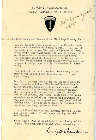 A typewritten letter on yellowed paper with a message from Supreme Allied Commander Dwight D. Eisenhower to the troops about to attack Normandy.