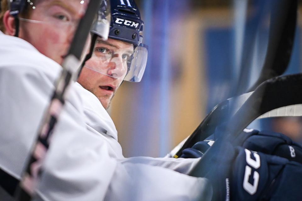 Milwaukee Admirals center Cody Hodgson sits on the bench at practice Tuesday, March 5, 2024, at the UW-Milwaukee Panther Arena in Milwaukee, Wisconsin.