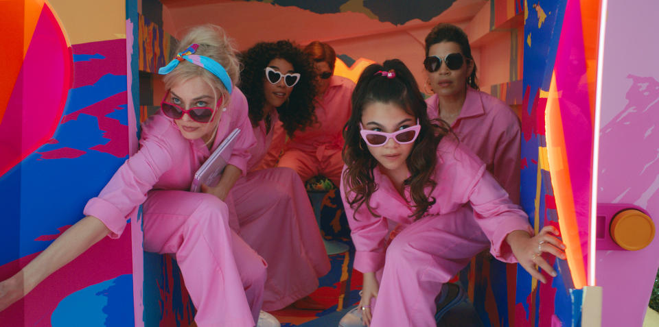 This mage released by Warner Bros. Pictures shows Margot Robbie, from left, Alexandra Shipp, Michael Cera, Ariana Greenblatt and America Ferrera in a scene from "Barbie." (Warner Bros. Pictures via AP)