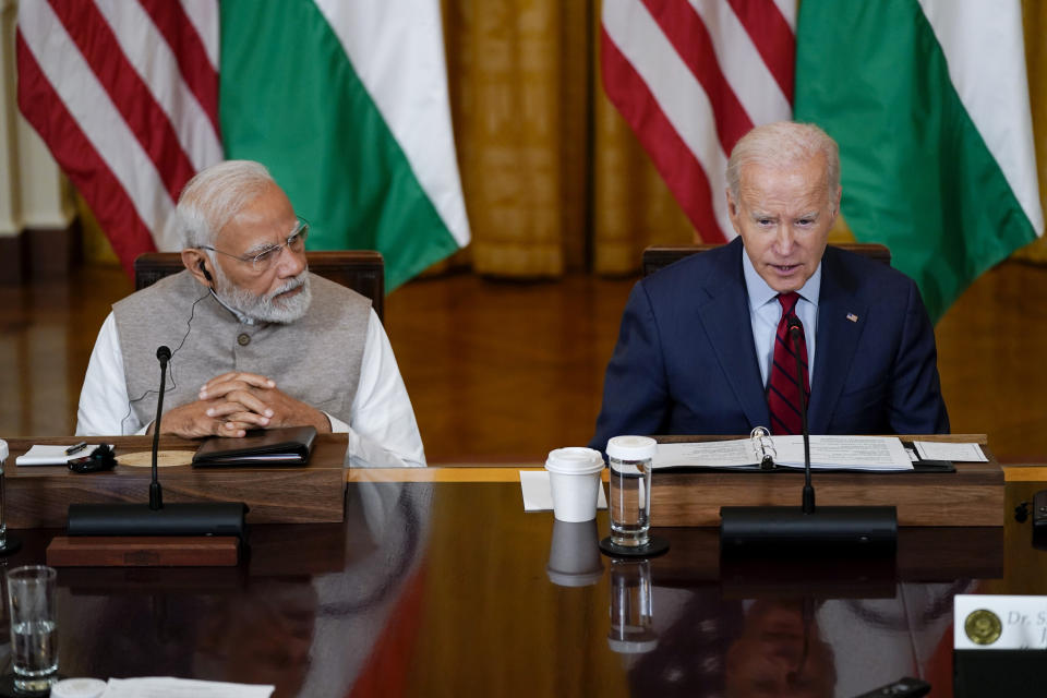 President Joe Biden speaks during a meeting with India's Prime Minister Narendra Modi and American and Indian business leaders in the East Room of the White House, Friday, June 23, 2023, in Washington. (AP Photo/Evan Vucci)