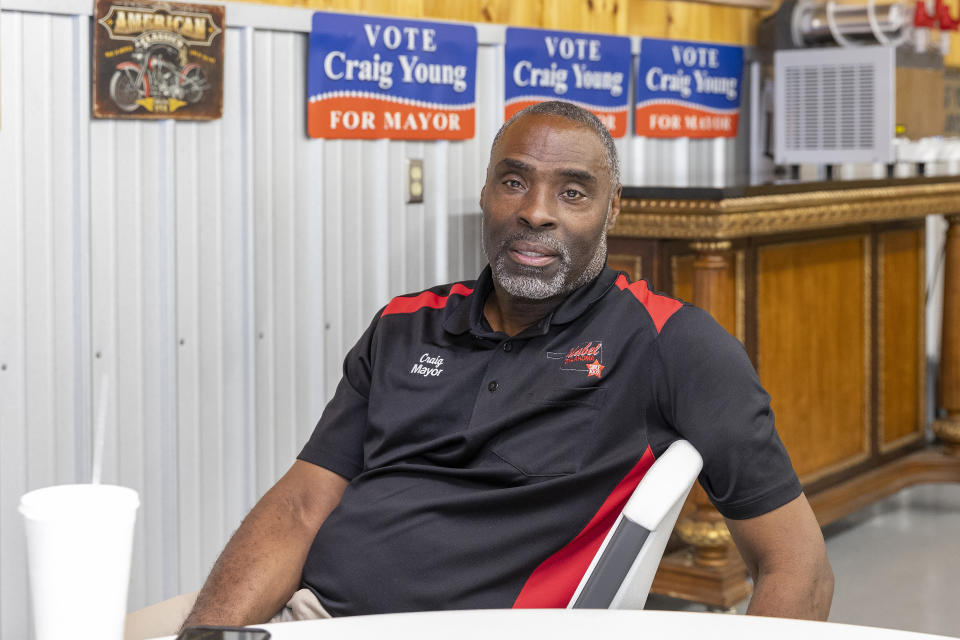 Idabel Mayor Craig Young poses for a photo on Thursday, April 20, 2023, in Idabel, Okla. The growing optimism of McCurtain County's tourism boom over the last two decades took a gut punch last week when the local newspaper identified several county officials, including the sheriff and a county commissioner, who were caught on tape discussing killing journalists and lynching Black people. (AP Photo/Alonzo Adams)