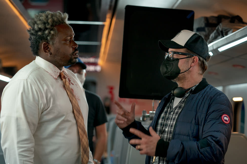 Brian Tyree Henry and director David Leitch on the set of “Bullet Train.” - Credit: Sony Pictures