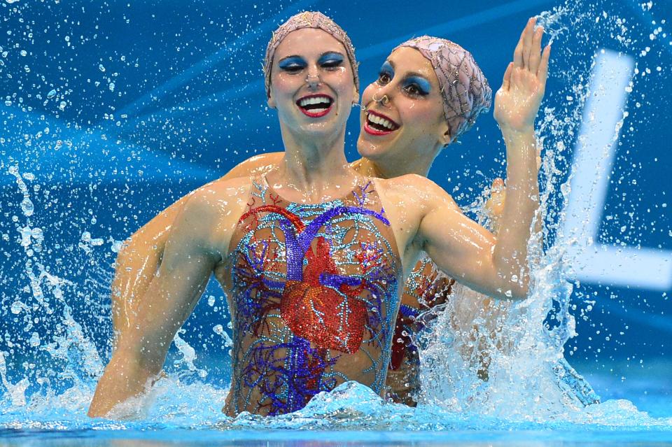 Brazil's synchronized swimming team in 2012 wearing costumes with depictions of organs on the front and back