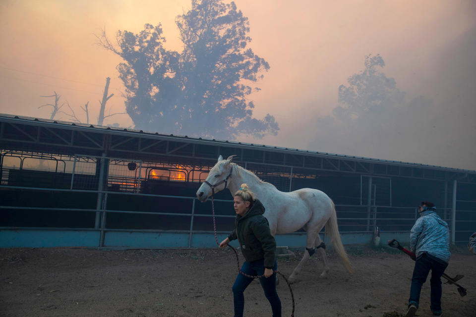 A woman flees Castle Rock Farms with her horse as the Easy fire approaches October 30, 2019 in Simi Valley, California. Fueled by the Santa Ana winds, the fire has quickly spread to 1300 acres. (Photo: Brian van der Brug/Los Angeles Times via Getty Images)