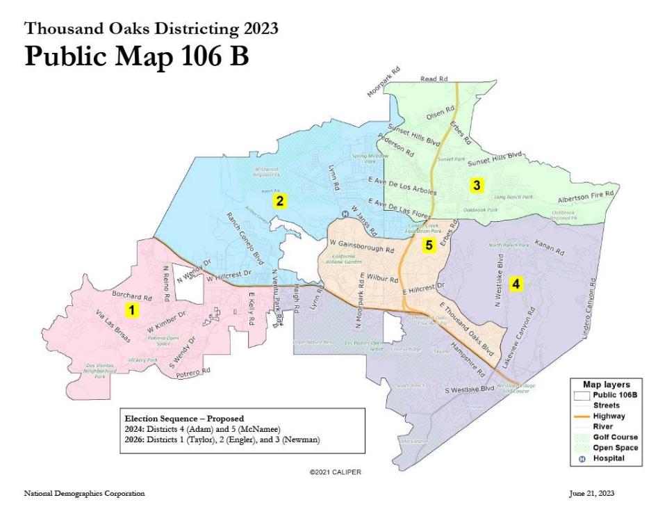 This district map was adopted Tuesday night by the Thousand Oaks City Council and will be used for council elections starting in 2024.
