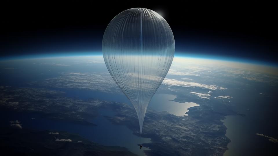 illustration of a balloon in front of earth with the black of space in behind