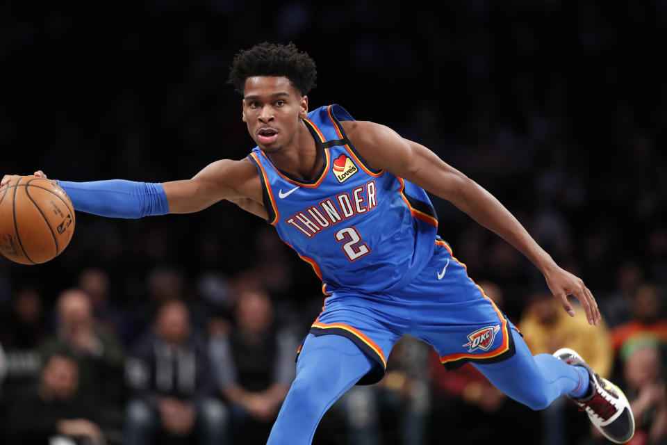 Oklahoma City Thunder guard Shai Gilgeous-Alexander (2) during the first half of an NBA basketball game, Tuesday, Jan. 7, 2020, in New York. (AP Photo/Kathy Willens)