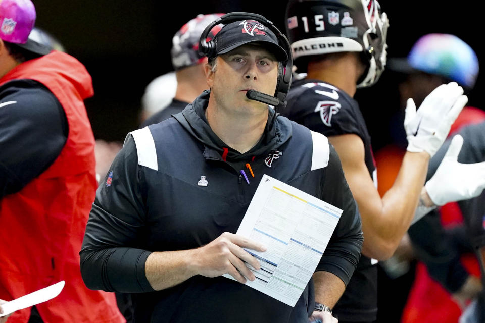 Atlanta Falcons head coach Arthur Smith watches play against the Cleveland Browns during the first half of an NFL football game, Sunday, Oct. 2, 2022, in Atlanta. (AP Photo/John Bazemore)