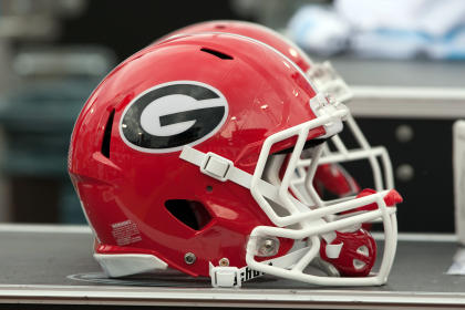 Nov 2, 2013; Jacksonville, FL, USA; A Georgia Bulldogs helmet sits on the sideline during the first half of the game against the Florida Gators at EverBank Field. (Rob Foldy-USA TODAY Sports)