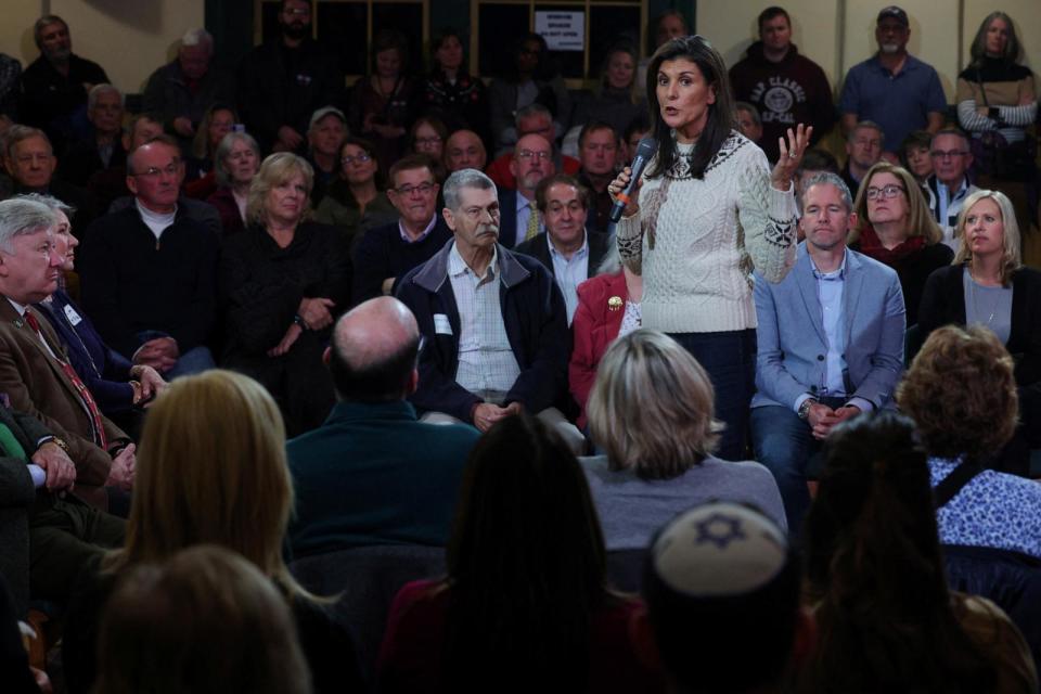 PHOTO: Republican presidential candidate and former U.S. Ambassador to the United Nations Nikki Haley speaks at a campaign town hall meeting in Derry, New Hampshire, Nov. 28, 2023.  (Brian Snyder/Reuters)