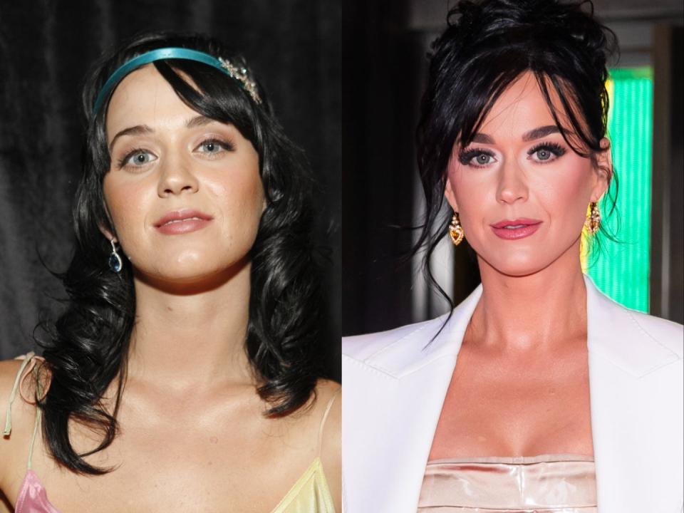 On the left, Katy Perry in 2008. On the right, Perry in 2023.