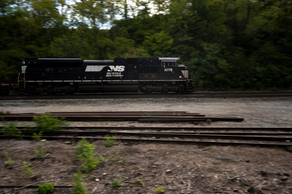 A Norfolk Southern Railway train travels on the Cincinnati Southern Railway rail line in Ludlow, Kentucky.