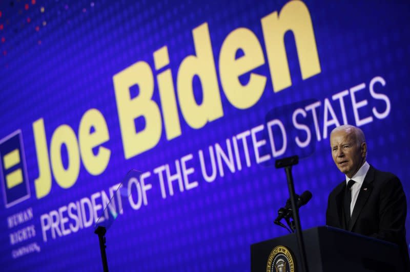 President Joe Biden speaks at the Human Rights Campaign national dinner in Washington on October 14. File Photo by Ting Shen/UPI