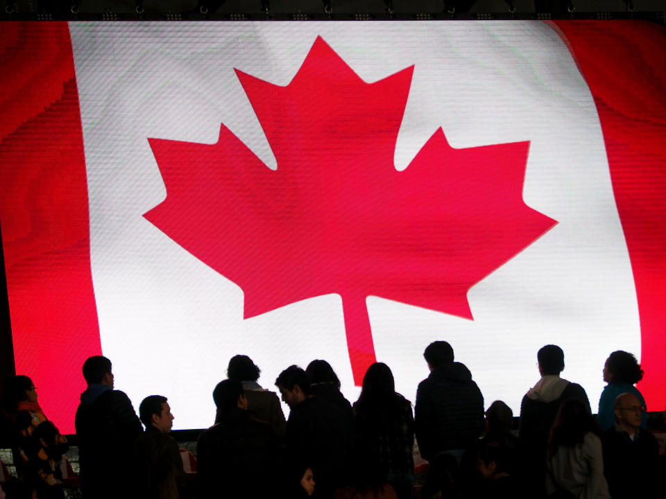 LIMA, PERU - 2019/08/09: Basketball, women's; Canada flag in a giant screen during the match between Canada and Argentina at the Lima 2019 Pan American Games. (Photo by Carlos Garcia Granthon/Fotoholica Press/LightRocket via Getty Images)