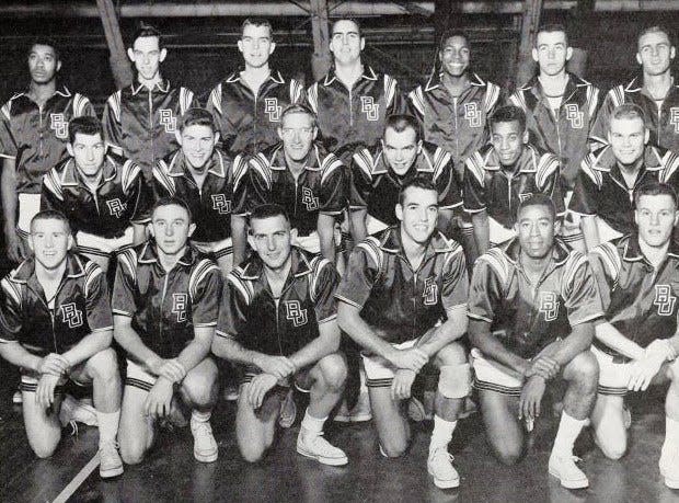 Gene Morse was part of the Bradley Braves 1956-57 NIT championship team. Front row (left to right): Bob Rousey, Mike Owens, Wes Mason, Chuck Sedgwick, Curley Johnson, Bill Roecker. Middle row (left to right): Roger Dunn, Gene Morse, Dick Dhabalt, Dan Smith, Bobby Joe Mason, John Myers. Back row (left to right): Shellie McMillon, Dave Emerson, Dave Moran, Gene Herberger, Joe Billy McDade, Joe Gozdziak, Don Carothers.