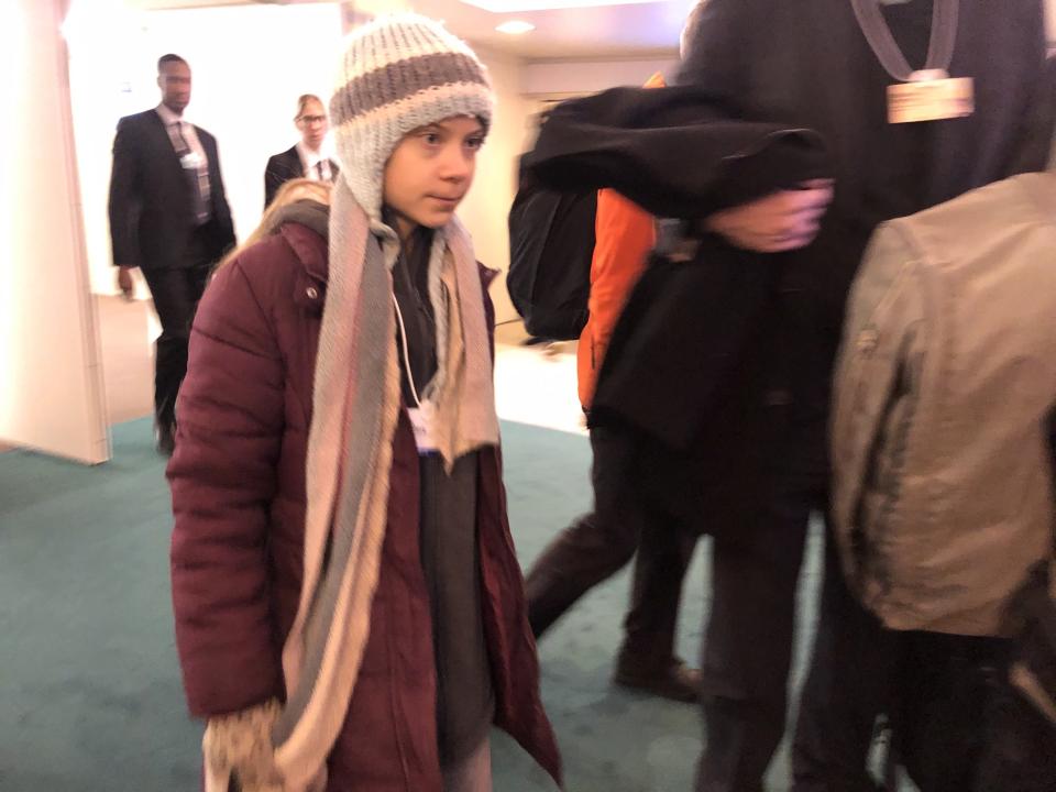 Climate activist Greta Thunberg, 17, arrives for a panel on Tuesday at the World Economic Forum in Davos, Switzerland. (Photo credit: Brian Sozzi)