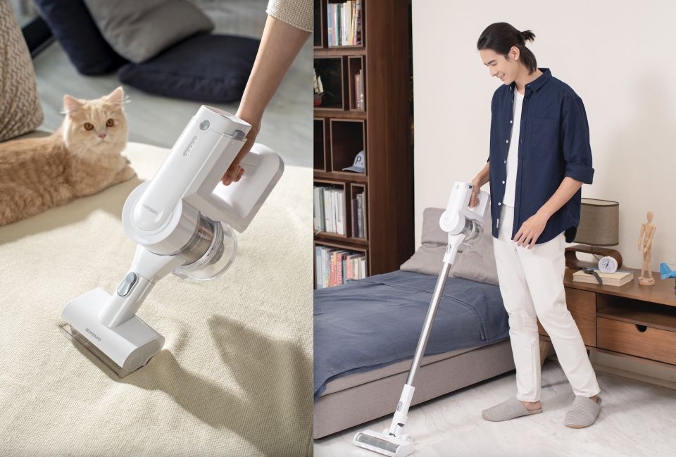 A composite picture of the acerpure clean V1 with a short nozzle and a person using it with the extended nozzle.