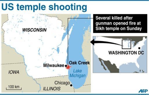 Map of the US state of Wisconsin, locating Oak Creek where a gunman attacked worshippers at the Sikh temple on Sunday, killing at least six people before he was shot dead by police