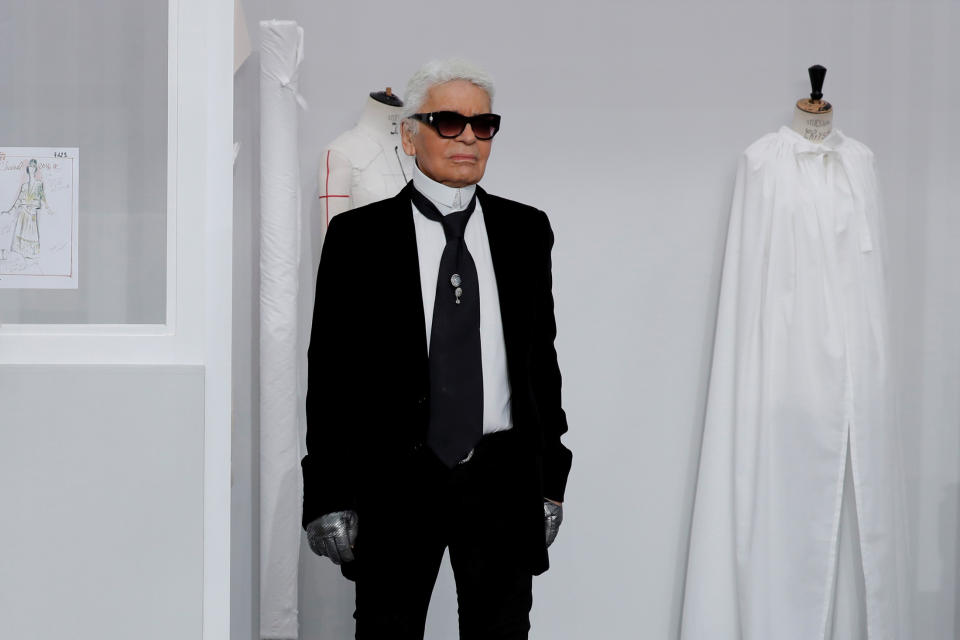 German designer Karl Lagerfeld appears at the end of his Haute Couture Fall Winter 2016/2017 fashion show for Chanel in Paris, France, July 5, 2016.  REUTERS/Benoit Tessier