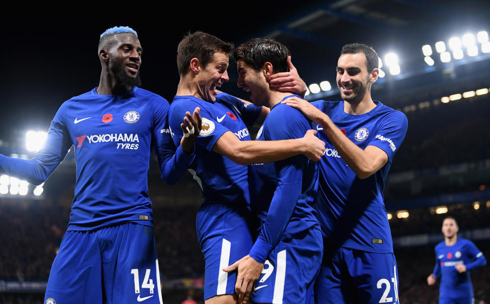 Alvaro Morata and Caesar Azpilicueta celebrate Morata’s fifth goal off an Azpilicueta assist of the season. (Getty)