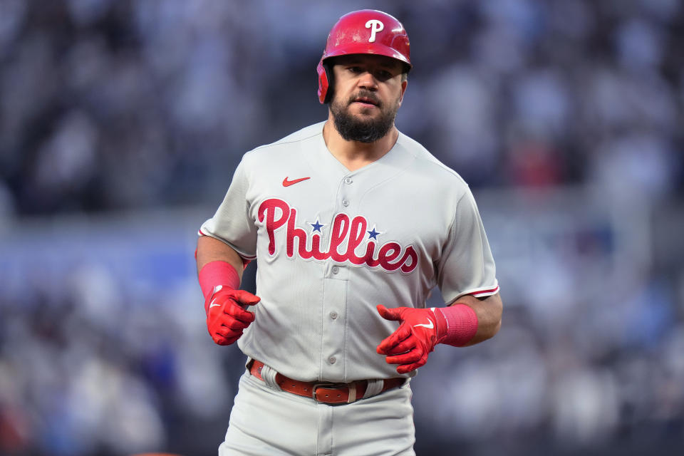 Philadelphia Phillies' Kyle Schwarber runs the bases after hitting a home run against the New York Yankees during the first inning of a baseball game Tuesday, April 4, 2023, in New York. (AP Photo/Frank Franklin II)