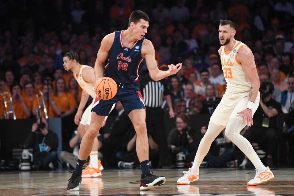 Florida Atlantic University center Vladislav Goldin (50) dribbles the ball during a NCAA Tournament Sweet 16 game between Tennessee and FAU in Madison Square Garden, Thursday, March 23, 2023.