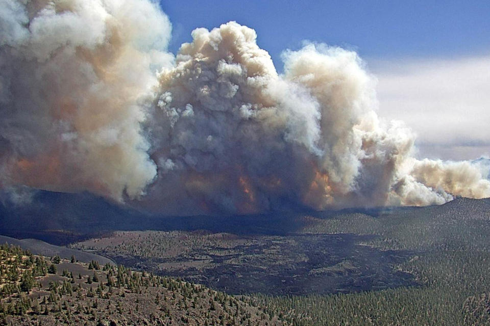 In this photo provided by the Coconino National Forest, the Tunnel Fire burns near Flagstaff, Ariz., on Tuesday, April 19, 2022. An Arizona wildfire doubled in size overnight into Wednesday, a day after heavy winds kicked up a towering wall of flames outside a northern Arizona tourist and college town, ripping through two dozen structures and sending residents of more than 700 homes scrambling to flee. (Coconino National Forest via AP)