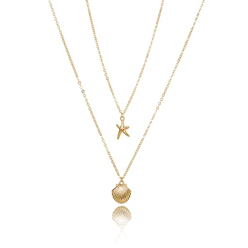 Tgirls Boho Starfish Layered Necklace Shell Pendant Necklace Gold Necklaces Chain for Women and Girls (Glod)