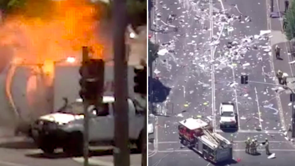 Confronting footage of the moment the van exploded has been released by the coroner, showing a street becoming a scene of devastation. Source: 7News