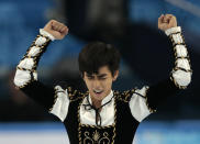 Michael Christian Martinez of the Philippines reacts after competing in the men's short program figure skating competition at the Iceberg Skating Palace during the 2014 Winter Olympics, Thursday, Feb. 13, 2014, in Sochi, Russia. (AP Photo/Ivan Sekretarev)