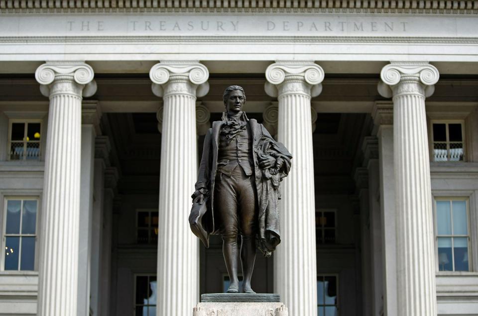 A statue of the first U.S. Treasury secretary, Alexander Hamilton, stands in front of the department in Washington. Past fiscal discipline enabled America to establish and maintain its excellent credit record. As Hamilton predicted, the ability of the nation to borrow proved critical during the War of 1812, the Civil War, World War I and World War II.