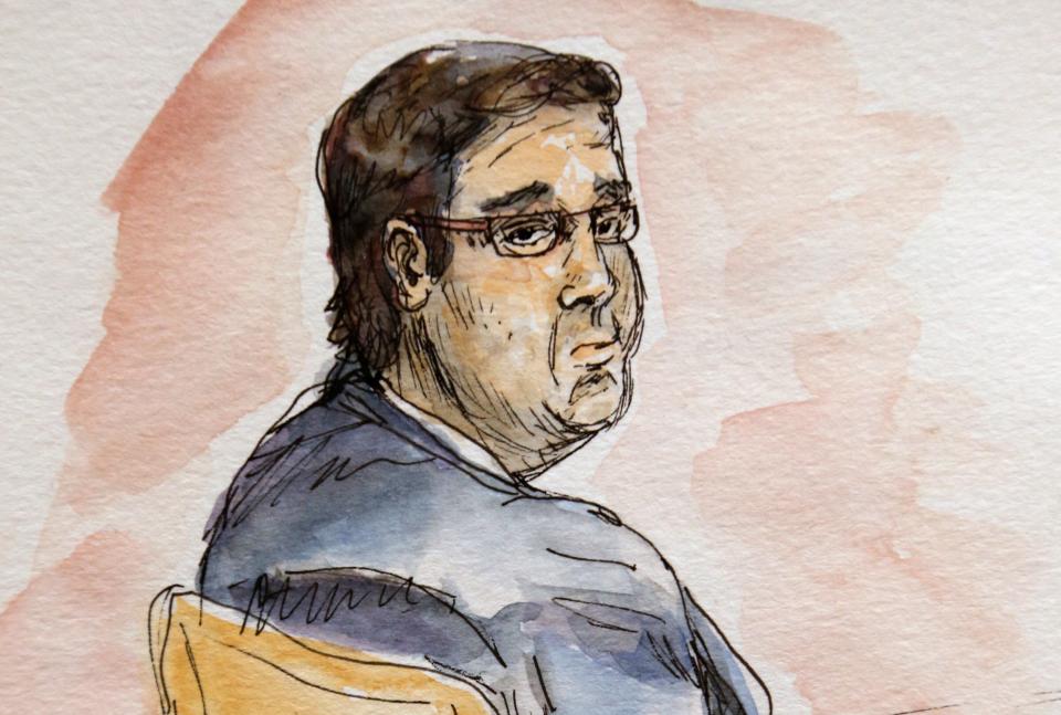 This artwork shows James Alex Fields Jr., during jury selection in his trial in Virginia court in November.&nbsp; (Photo: ASSOCIATED PRESS)