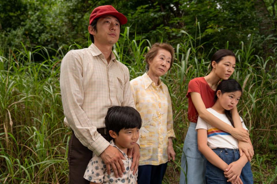 Steven Yeun as Jacob Yi, Alan S Kim as David Yi, Youn Yuh-jung as Soon-ja, Yeri Han as Monica Yi and Noel Cho as Anne Yi in Minari (A24/Josh Ethan Johnson)