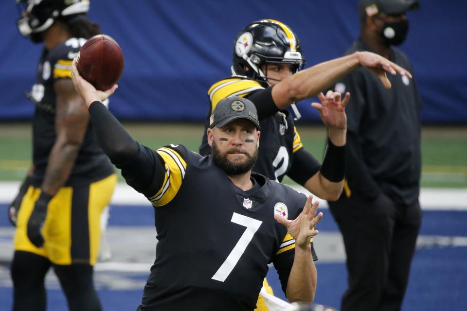 Steelers quarterback Ben Roethlisberger, pictured warming up before Sunday's game in Dallas, landed on the reserve/COVID-19 list on Tuesday. (AP Photo/Michael Ainsworth)