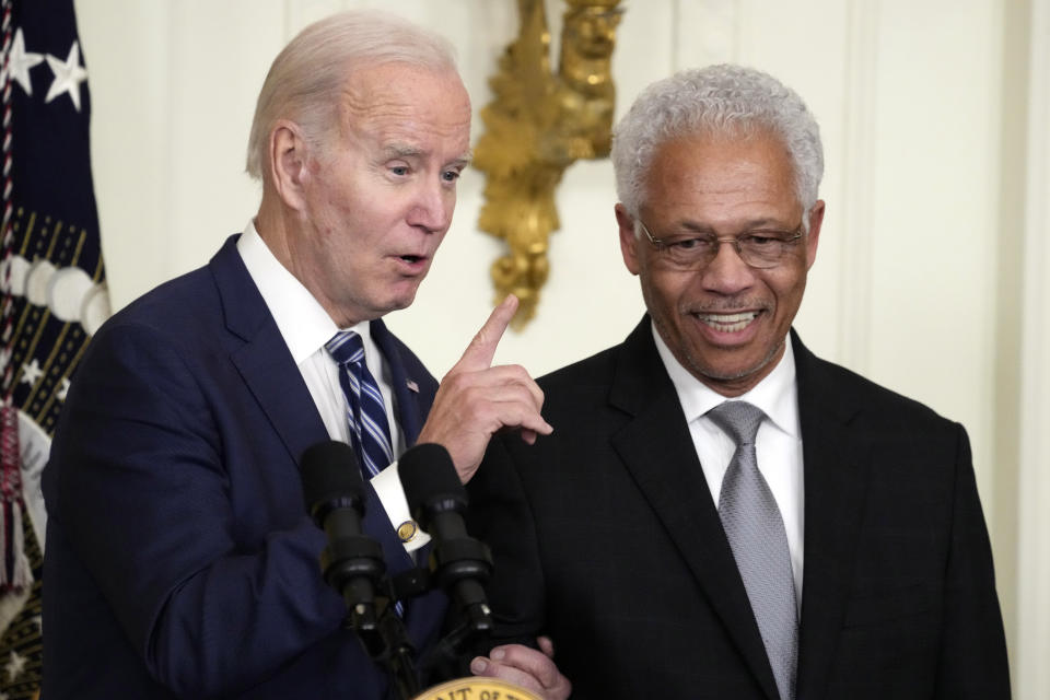 President Joe Biden speaks next to NBA Hall of Fame basketball player Nate "Tiny" Archibald at an event to celebrate Black History Month, Monday, Feb. 27, 2023, in the East Room of the White House in Washington. (AP Photo/Alex Brandon)