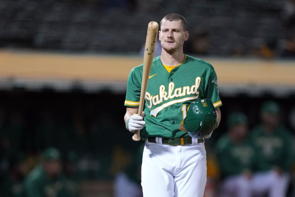 Sean Murphy prepares to bat for the Oakland Athletics during an Oct. 3, 2022 game against the Los Angeles Angels.