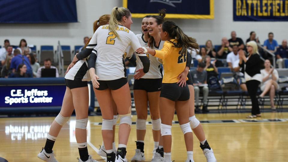 Corban University players react during a match in October 2019.