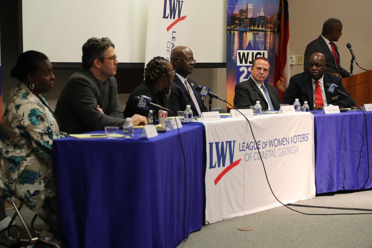 Candidates Carol Bell, Jason Combs, Roshida Edwards, Curtis Singleton, Tony Thomas, and Clinton Young participate in a candidate forum for Savannah Alderman at Large Post 1, sponsored by the League of Women Voters of Coastal Georgia on Tuesday, September 26, 2023 at the Coastal Georgia Center.