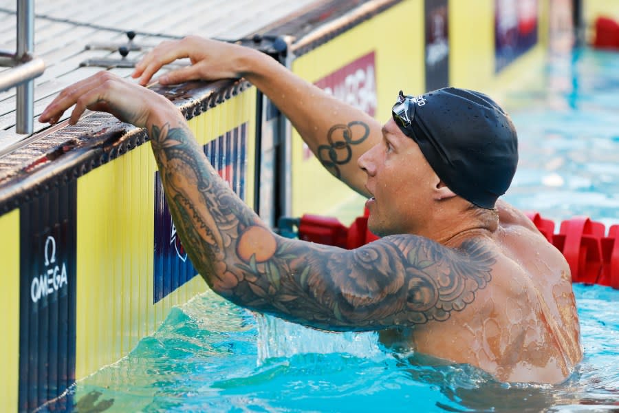 SAN ANTONIO, TEXAS – APRIL 13: Caeleb Dressel reacts after competing in the Men’s 50m Freestyle final on Day 4 of the TYR Pro Swim Series San Antonio at Northside Swim Center on April 13, 2024 in San Antonio, Texas. (Photo by Sarah Stier/Getty Images)