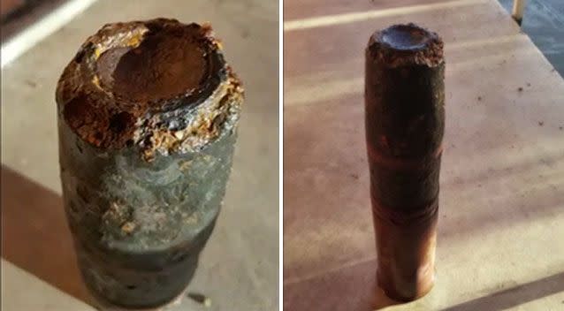 Experts say the weapon, a WWII 75mm HE projectile, could blow someone's hand off. Source: 7 News