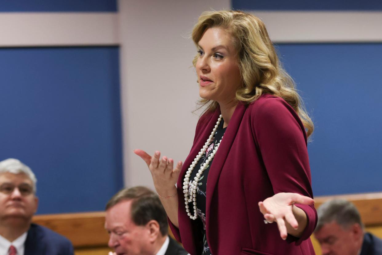 Ashleigh Merchant, attorney for Donald Trump co-defendant Michael Roman speaks during a hearing to determine whether District Attorney Fani Willis should be disqualified from the Georgia election interference case over her relationship with special prosecutor Nathan Wade. Merchant was the first to publicly raise allegations of an affair between Willis and Merchant.