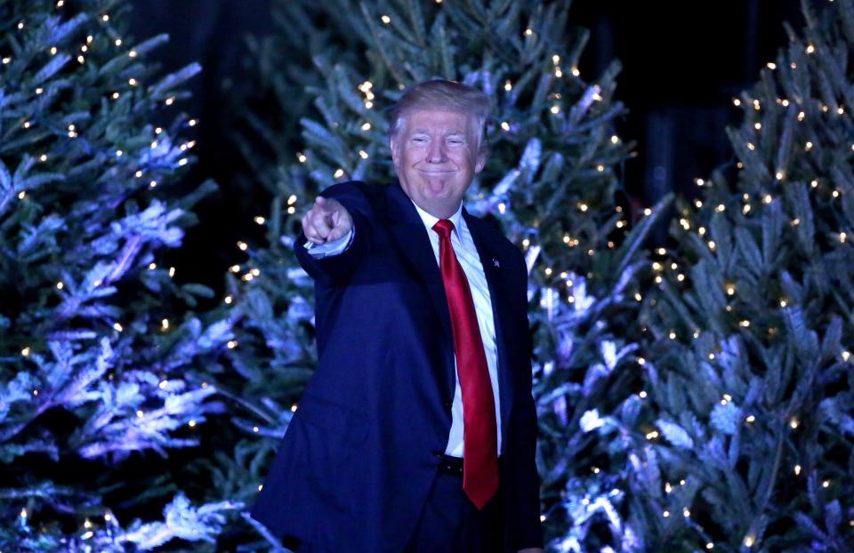 President-elect Donald Trump responds to cheering supporters in front of a Christmas-themed backdrop at a rally in Orlando, Florida, on Dec. 16, 2016.