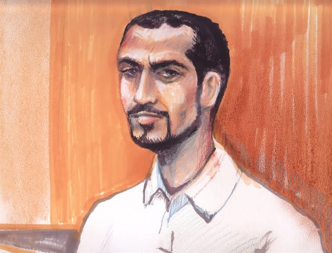 Omar Khadr appears in an Edmonton courtroom, Sept.23, 2013 in this artist's sketch. (CP)