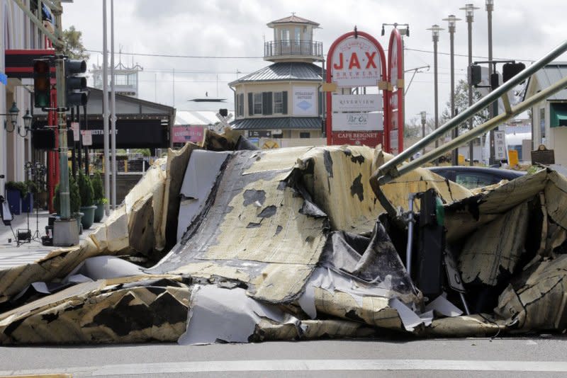 The roof of the Jax Brewery in the French Quarter lies on the street on August, 30 after Hurricane Ida hit the city of New Orleans on August 29, 2021. File Photo by AJ Sisco/UPI