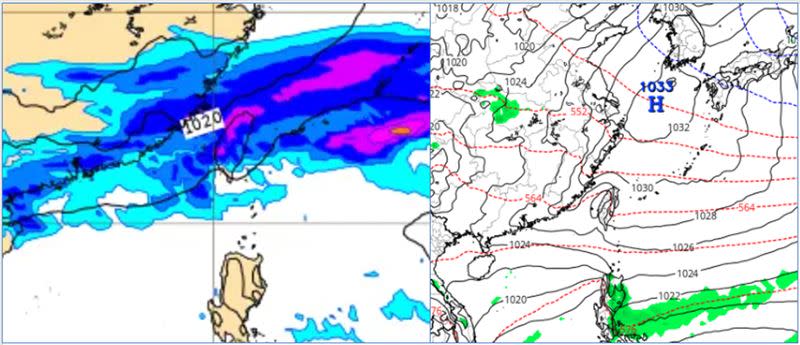 左圖：最新(5日20時)歐洲(ECMWF)模式，8日8時地面氣壓及降水模擬圖顯示，降雨範圍擴大至中部，及南部山區。