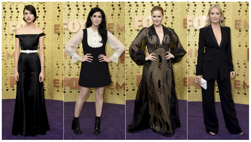 This combination photo shows, from left, Margaret Qualle, from "Fosse/Verdon," Sarah Silverman, Amy Adams, from "Sharp Objects," and Kim Dickens, from "Deadwood: The Movie," at the 71st Primetime Emmy Awards in Los Angeles on Sept. 22, 2019. (AP Photo)